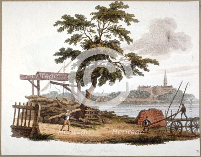 Men moving timber at Bankside, Southwark, London, c1810. Artist: William Pickett