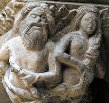 Neptune and a Siren woman combing her hair', detail of a capital in the cloister of the Monastery…