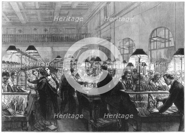 Stamping and sorting office, General Post Office, London, 1875. Artist: Unknown