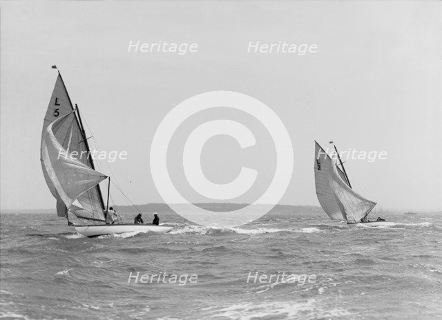 The 6 Metre 'Snowdrop' and 'Correnzia' racing downwind, 1911. Creator: Kirk & Sons of Cowes.