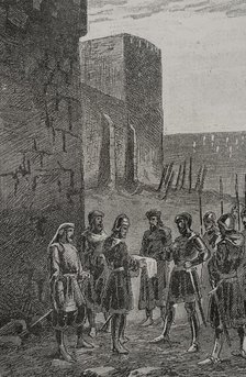 James and Charles of Anjou agreeing a truce next the walls of Gaeta, 1289 (1890). Creator: Unknown.