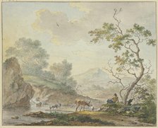A shepherd with a cow and goats is by a waterfall. Creator: Johannes Christiaan Janson.