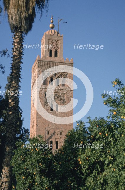 Minaret of the Koutoubia Mosque, Marakesh, Morocco. 