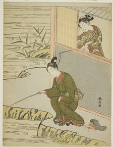 Beauty Teasing a Young Man Fshing, c. 1768. Creator: Suzuki Harunobu.