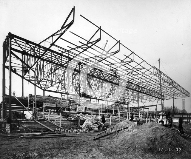 Construction underway on the Members Stand at Kempton Park Racecourse Surrey, 1933. Artist: Unknown