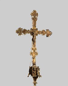 Processional cross, front, made of gilded silver, wood and glazed plates, from the Church of Sant…