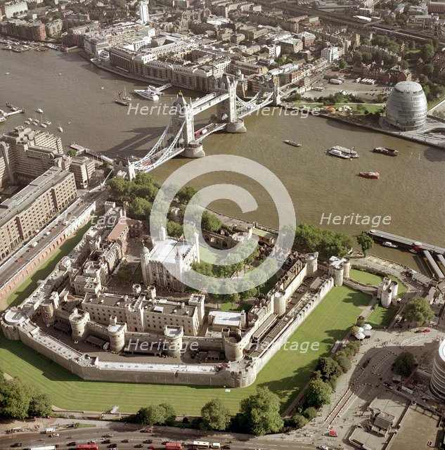 Tower of London, Tower Bridge and the new Greater London Authority building, London,2002. Artist: EH/RCHME staff photographer