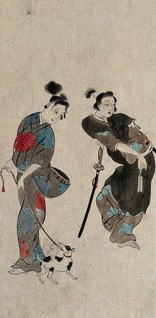 A Japanese woman taking a dog for a walk compared with an effeminate samurai, between 1800 and 1899. Creator: Unknown.