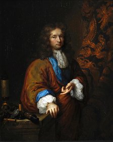 Portrait of Constantijn Huygens Junior (1628-1697), beside a group of microscopes. Creator: Netscher, Caspar (1639-1684).