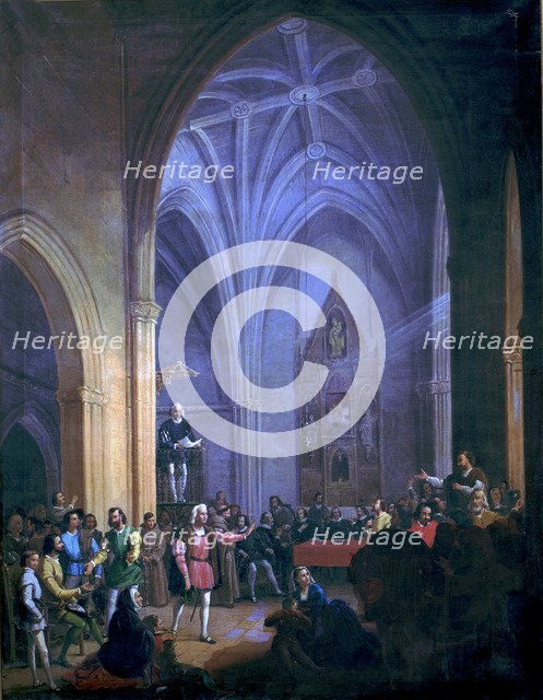 Christopher Columbus (1451 - 1506), navigator, oil painting 'Royal Pragmatic Reading in the Churc…