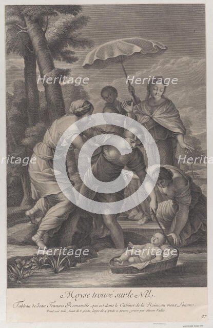 Three women pulling in the basket with the infant Moses from the water, ca. 1729. Creator: Simon Vallee.