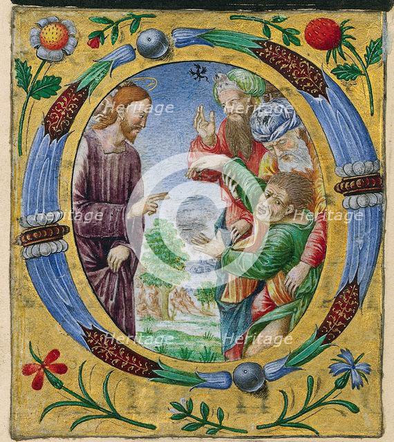 Cutting from a Missal: Initial O with Christ Performing an Exorcism, c. 1520. Creator: Matteo da Milano (Italian).