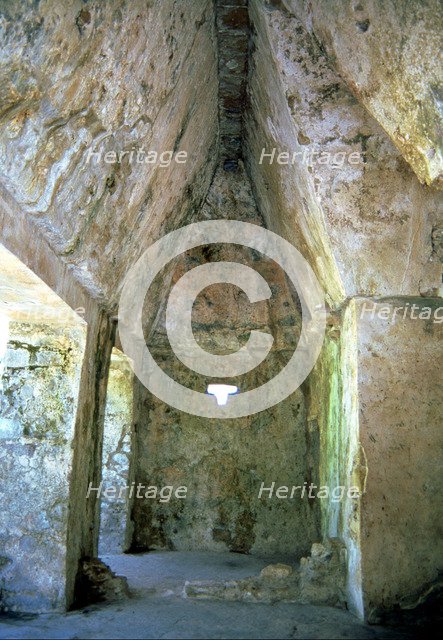 Interior of the portico of the Temple of the Sun in the Mayan ruins of Palenque.