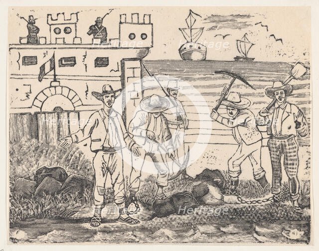 A group of prisoners performing labor by the sea, from a broadside entitled "Ultimas notic..., 1892. Creator: José Guadalupe Posada.