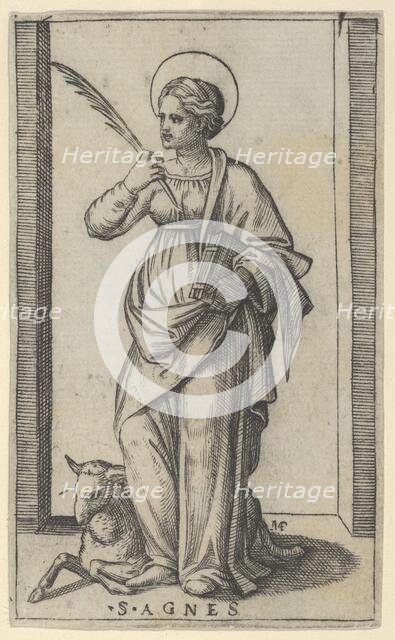 Saint Agnes standing a holding a palm in her right hand, a sheep lower left, from..., ca. 1500-1527. Creator: Marcantonio Raimondi.