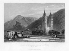 'Church of St John and Castle Lahneck on the Rhine', 1838. Artist: R Wallis