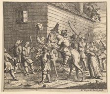 Hudibras and Ralpho Made Prisoners and Carried to the Stocks (Seventeen Small Illustrat..., 1721-26. Creator: William Hogarth.