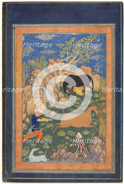 Figure Lassoing a Horse Illustrated Page from an Unidentified Manuscript (recto), 1400s-1500s. Creator: Unknown.