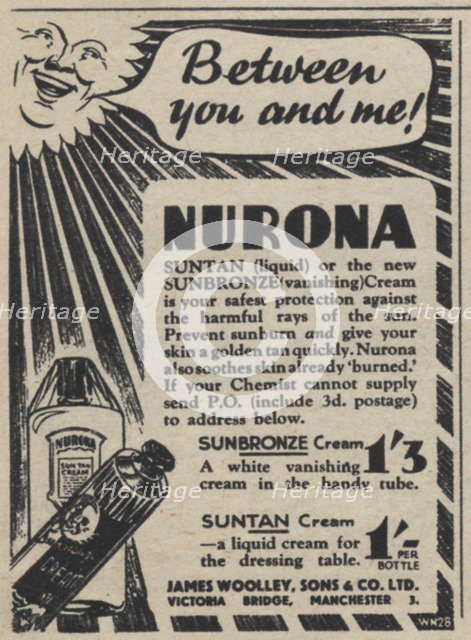 Nurona suntan preparations, 1939. Artist: Unknown