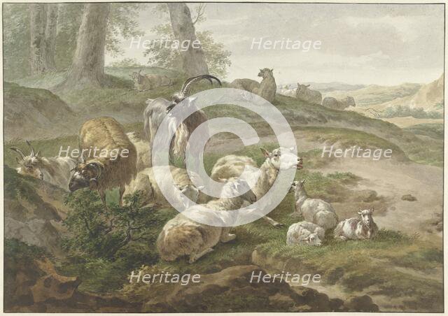 Goats and sheep in a hilly landscape, 1754-1831. Creator: Wybrand Hendriks.