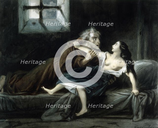 Esmeralda and Claude Frollo, 1831. Creator: Boulanger, Louis Candide (1806-1867).