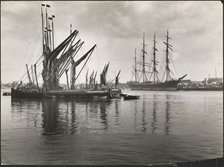 Sailing vessels at anchor on the River Medway below Rochester Bridge, Rochester, Medway, 1925-1935. Creator: J Dixon Scott.