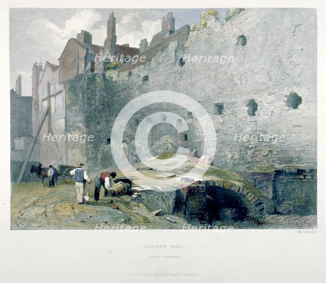 View of Tower Postern and London Wall with men digging, City of London, 1851. Artist: John Wykeham Archer