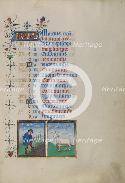 Calendar Page for March: Digging: Aries; Book of Hours, about 1450-1455. Creator: Master of the Lee Hours.