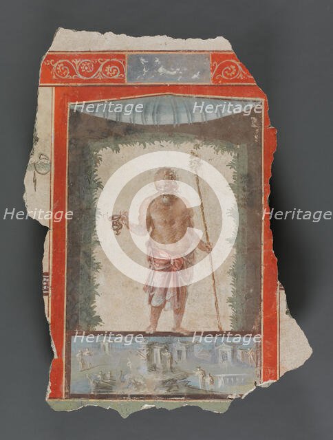 Fresco Fragments Depicting an Old Silenus with Kantharos and Thyrsus, A.D. 1-79. Creator: Unknown.