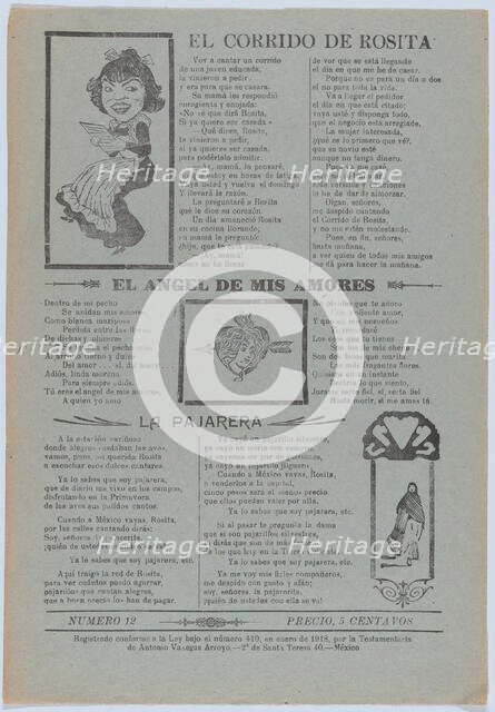 Broadsheet featuring three love ballads with vignettes showing a woman reading..., 1918 (published). Creator: José Guadalupe Posada.