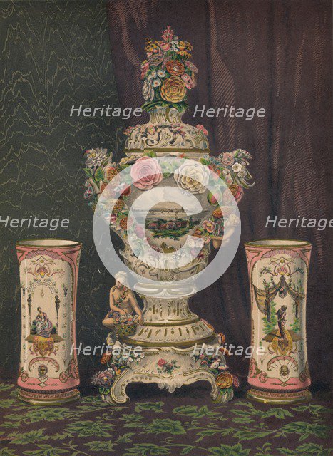 'Vase of Dresden Porcelain and Pair of Porcelain Beakers', 1863.  Artist: Robert Dudley.