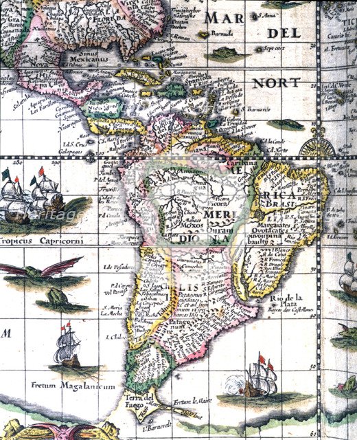 South America, colored engraving from the book 'Le Theatre du monde' or 'Nouvel Atlas', 1645, cre…