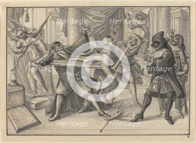 Mezzetin and Harlequin Use the Picture Frame to Catch Pantaloon and Pierrot, c. 1729. Creator: Johann Jakob Schübler.