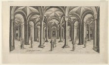 View in Fisheye perspective of a Hall with Columns and Cross Rib Vaulting, ca. 1610-20. Creator: Hans Pesser.