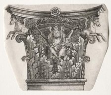 Base and Capital with Figure of Fame and Winged Horses, c. 1525-1550. Creator: Master G. A. with the man-trap (Italian, active 1525-50).