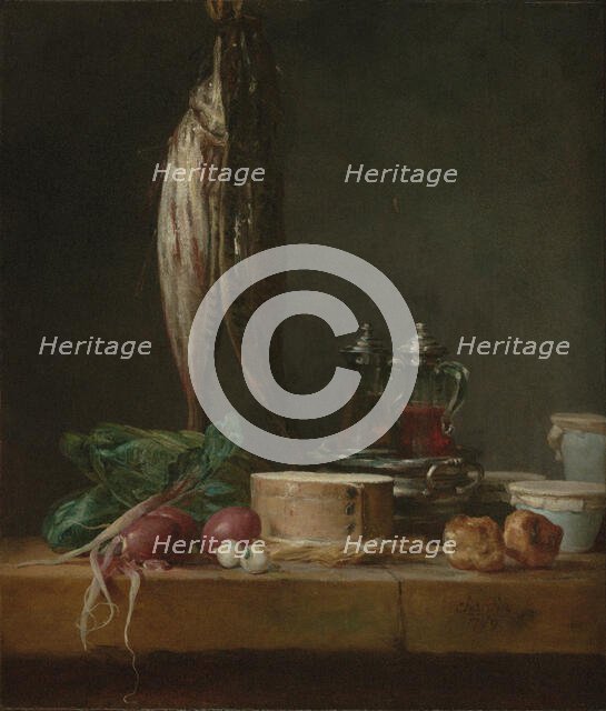Still Life with Fish, Vegetables, Gougères, Pots, and Cruets on a Table, 1769. Creator: Jean-Simeon Chardin.