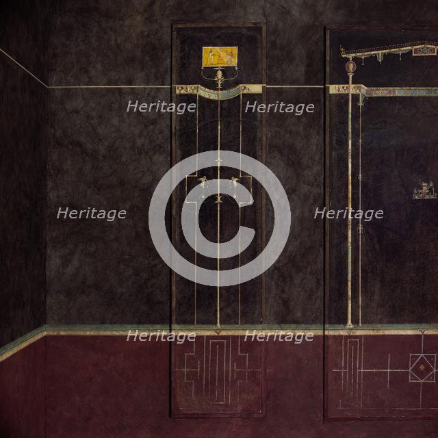 Wall painting on black ground: Egyptianizing scene and pair of swans..., 1st century B.C. Creator: Unknown.