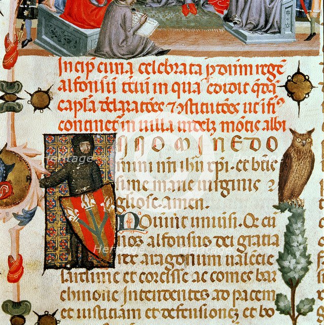 Knight with coat of arms and other heraldic elements, detail of a miniature in the 'Llibre dels U…