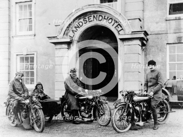 Motorcyclists with Mk1 Brough Superiors outside the Land's End Hotel, Cornwall, 1921. Artist: Unknown