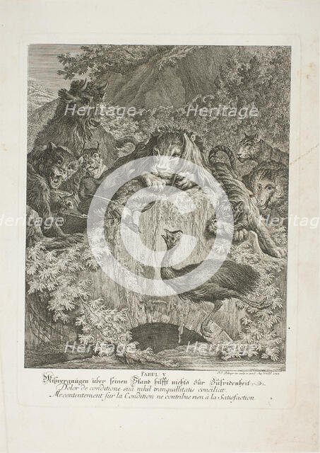 Fable V, plate five from Lehrreiche Fabeln aus dem Reiche der Theire, 1743. Creator: Johann Elias Ridinger.