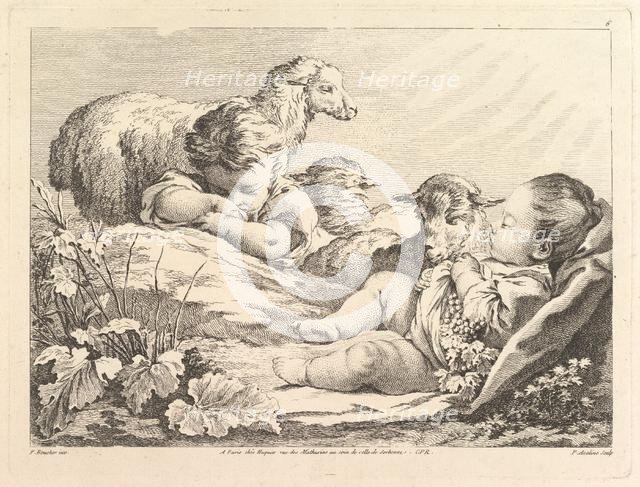 Two Sleeping Children With Three Sheep, 18th century. Creator: Pierre Alexandre Aveline.