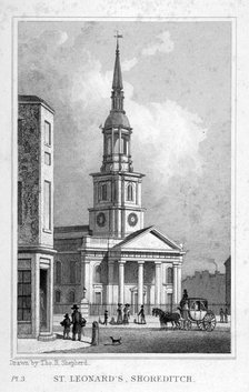 View from the west of St Leonard's Church, Shoreditch, London, c1827. Artist: Anon