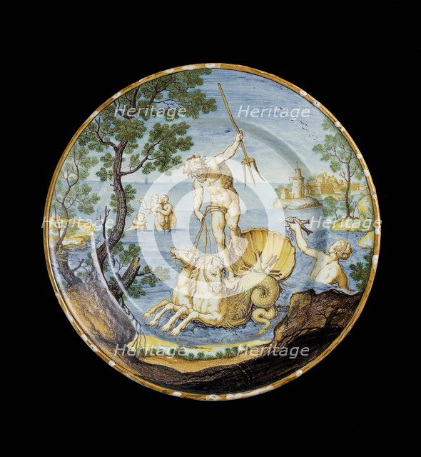 Plate with Neptune in his chariot, c1730-1750. Artist: Ferdinando Maria Campani.