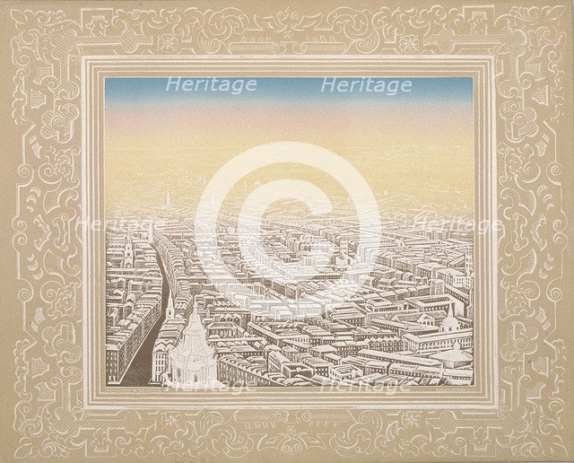 Aerial view of London framed in a decorative border, c1845. Artist: Kronheim & Co