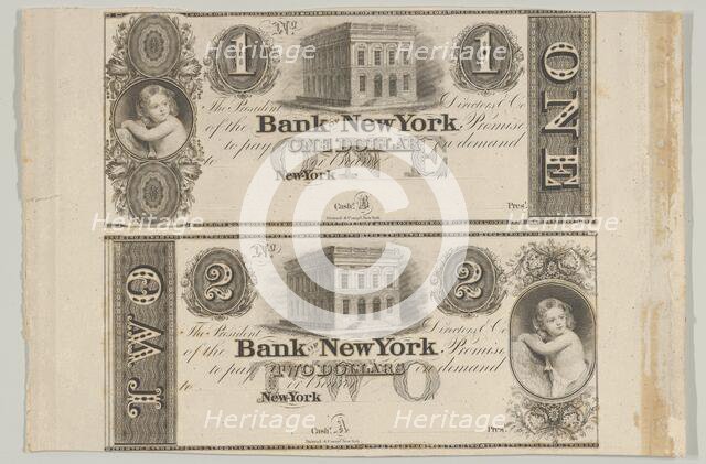 Proofs of Bank of New York One Dollar Bill and Two Dollar Bill, 1824-27. Creators: Cyrus Durand, Asher Brown Durand.