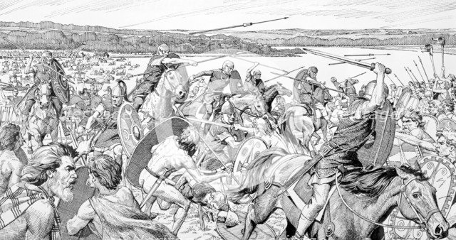 Caesar's army on a battle across the Thames, 54 BC. Artist: Derek Lucas