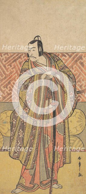 Ichikawa Danjuro V as Kudo Suketsune, Richly Attired, Leaning on His Sword, late 18th century. Creator: Shunsho.