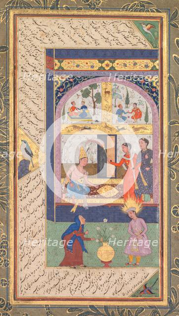 Zulaykha in her palace and as an old woman with Joseph, from a Panj Ganj (Five Treasures)..., 1603-1 Creator: Mushfiq (Indian); others (Indian), and.