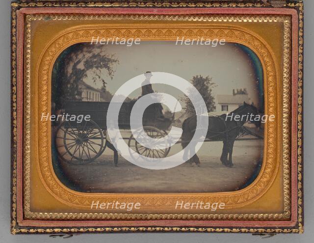 Untitled (Two Men and a Horse-Drawn Carriage), 1857. Creator: Unknown.