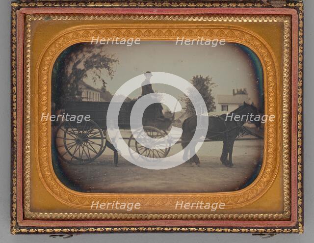 Untitled (Two Men and a Horse-Drawn Carriage), 1857. Creator: Unknown.